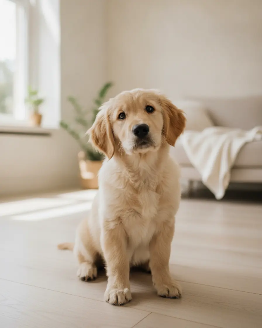 Een golden retriever-pup zit op de vloer in de woonkamer