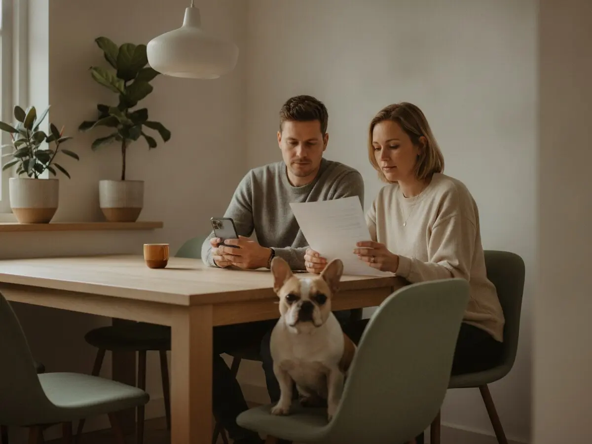 Een stel aan de keukentafel vergelijkt verzekeringen op een telefoon en een uitgeprinte pagina, met hun Franse bulldog op een stoel ernaast